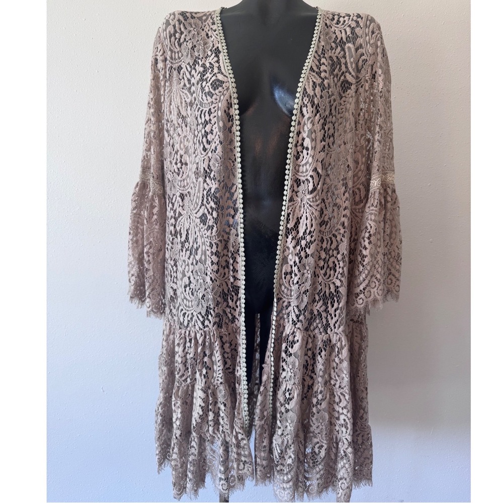 Women's Lace Kimono Cardigan Mocha Taupe Bell Sleeve 1XL Festival Romantic Boho